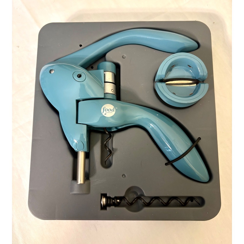 Food Network Rabbit Lever Corkscrew Wine Opener Set Teal Blue with Foil Cutter
